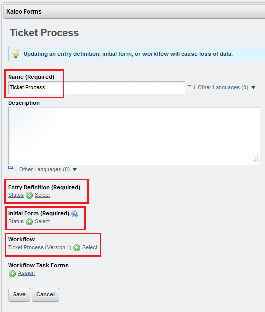 Figure 10.35: To test the ticket process workflow, create a new Kaleo Forms Processprovide a name, entry definition, and workflow.