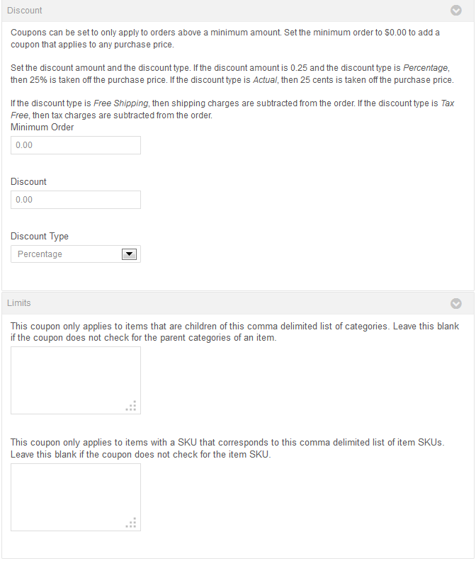 Figure 14.19: Customize your coupon parameters under Discounts and Limits.