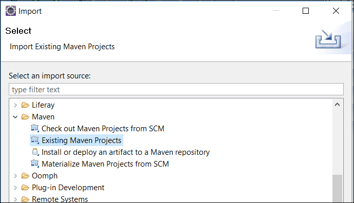 Figure 3: Developer Studio offers the Maven folder in the Import wizard.