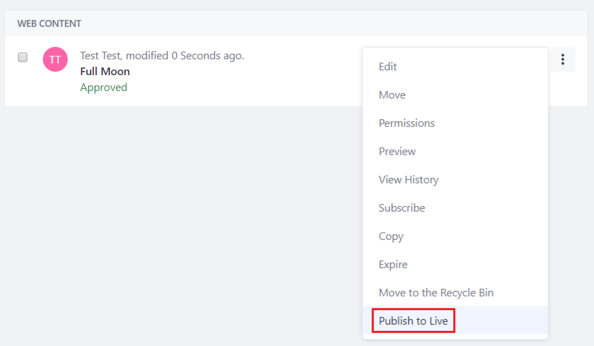 Figure 1: You can publish the single web content article to the live site.