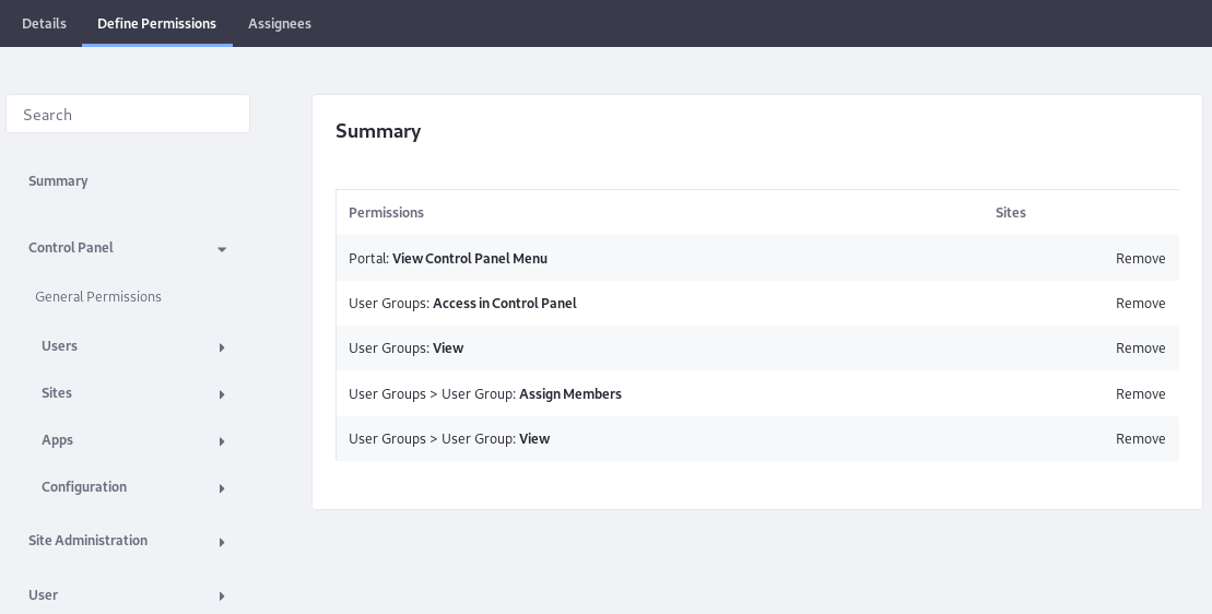Figure 1: When defining permissions on a Role, the Summary view provides a list of permissions that have already been defined for the role. The area on the left side of the screen lets you drill down through various categories of permissions.