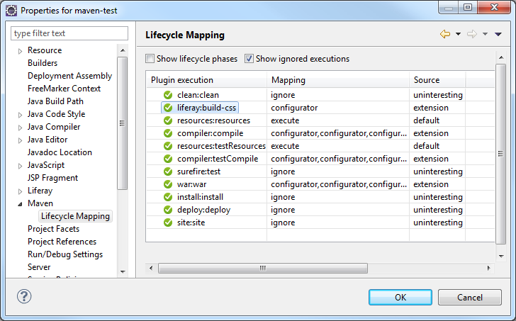 Figure 1: The life cycle mapping for this Liferay Maven project is correct.