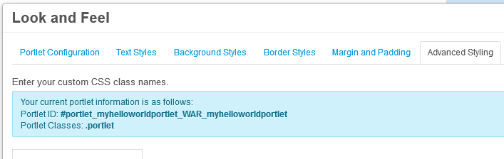 Figure 1: You can view the Fully Qualified Portlet ID (FQPI) in the Advanced Styling tab for a custom portlet.