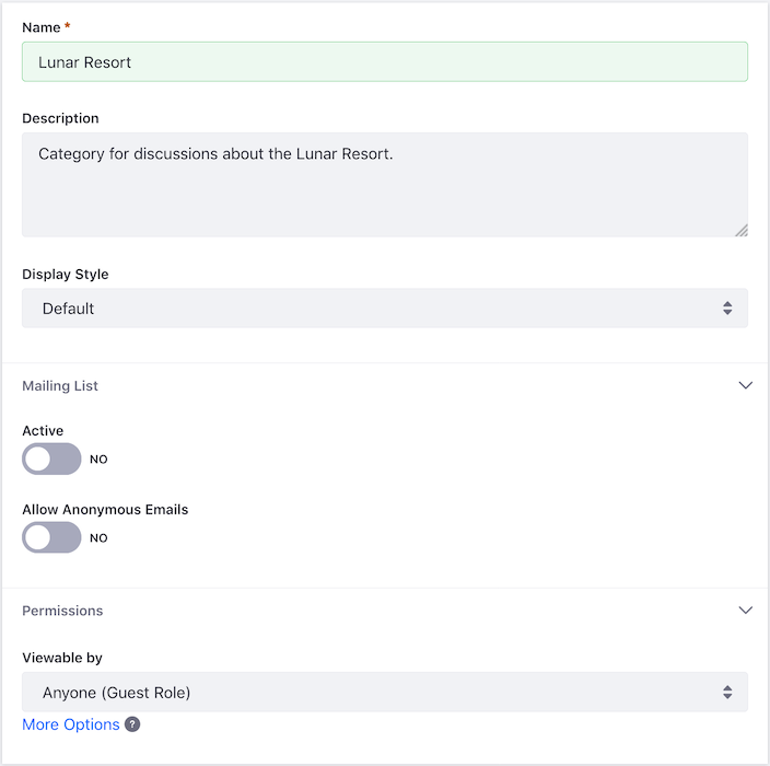 Figure 1: You have several options to create a message board category for your needs.