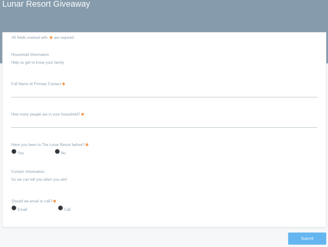 Figure 6: The Lunar Resort Giveaway form is ready to be filled out.