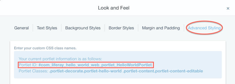 Figure 5: The portlet ID is listed within the blue box in the Advanced Styling tab.