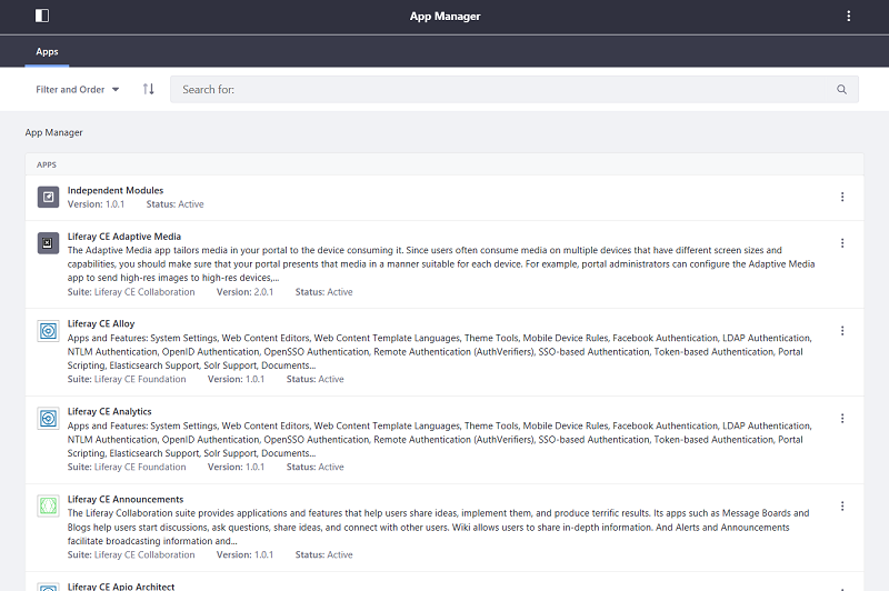 Figure 1: The App Manager lets you manage the apps installed in your Liferay DXP instance.