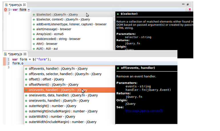 Figure 6: Using the jQuery code assist features gives you the convenience of showing you whats available, and the documentation behind each option.