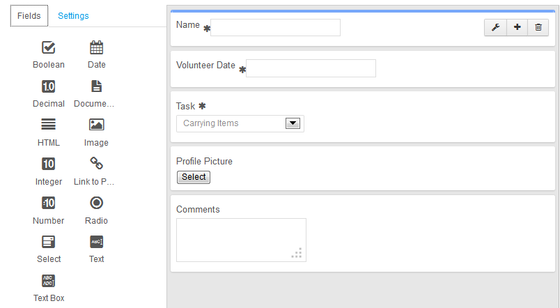 Figure 11.2: You can combine many different kinds of fields to form a list definition and you can configure various settings and properties for each field.
