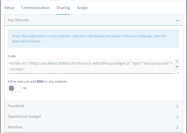 Figure 1: The Sharing tab in your apps Configuration menu lets you share your app in a variety of ways.
