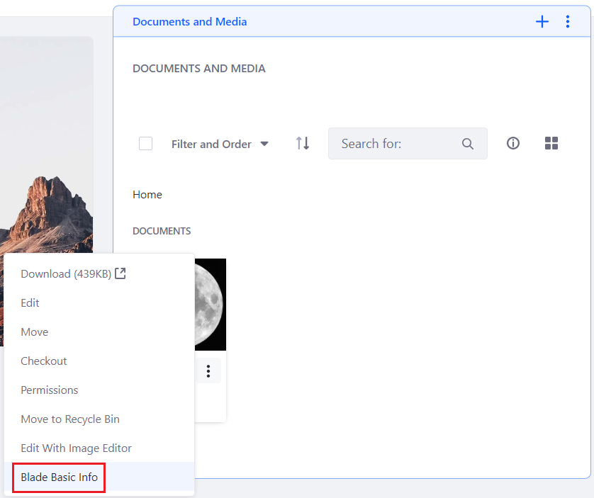Figure 3: You can access the new Blade Basic Info option from the Documents and Media portlet added to a page.