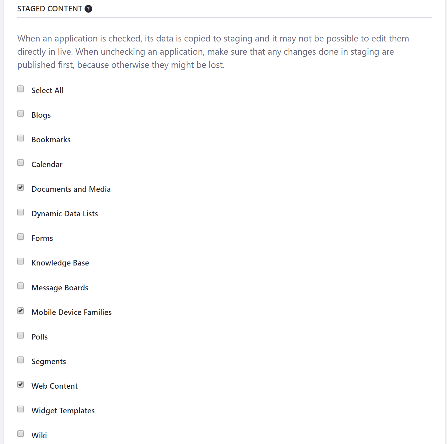 Figure 1: There are many apps available to select from the Staged Content screen.