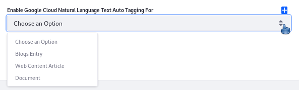Figure 1: The select list in the Google Cloud Natural Language Text Auto Tagging entry is populated programmatically, using the ConfigurationFieldOptionsProvider.