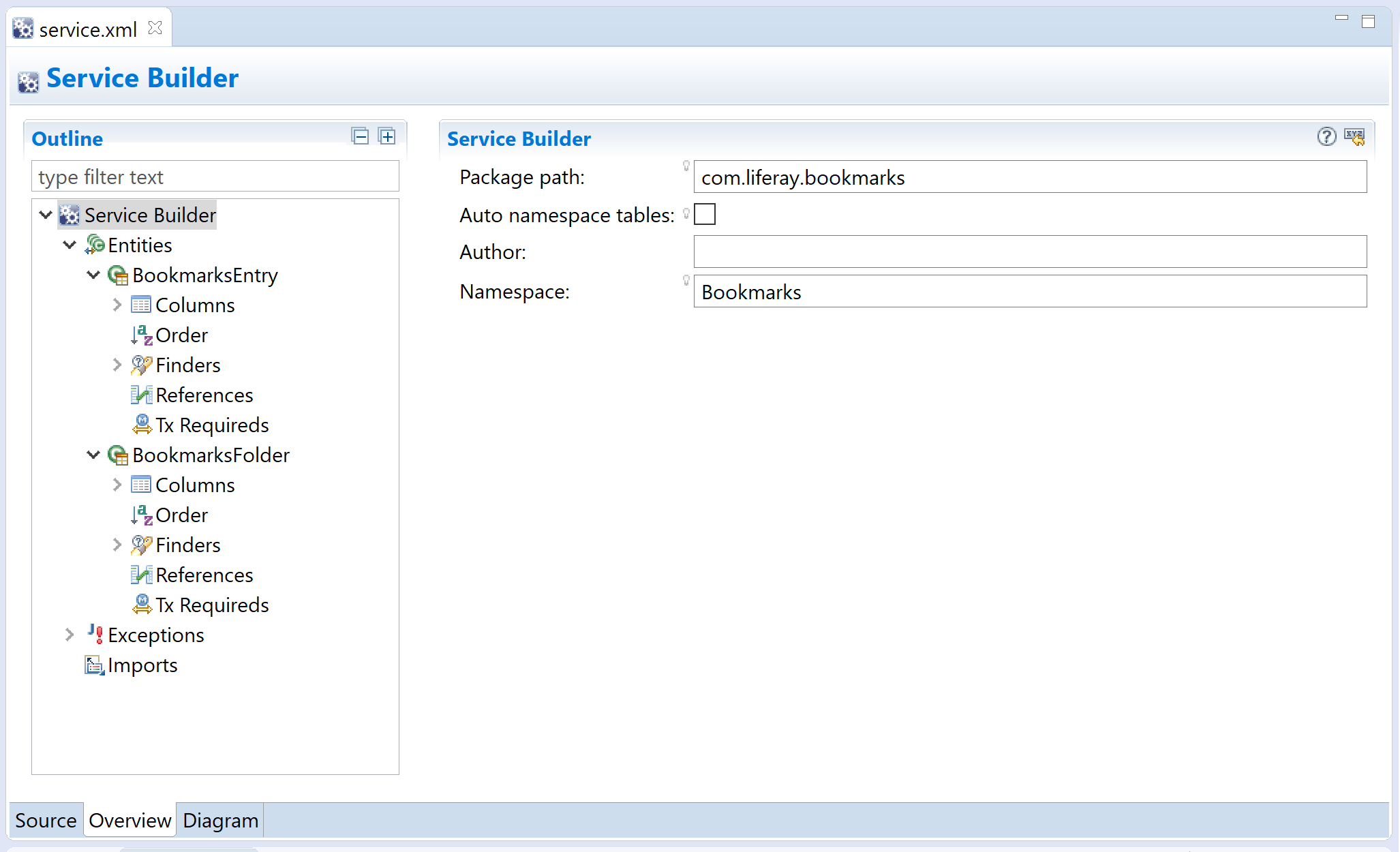 図1：これは、ブックマークアプリケーションの service.xmlからのService Builderフォームです。