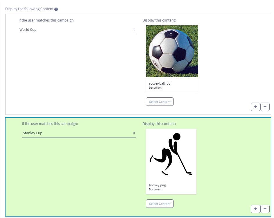 Figure 4: The rules for configuring the Campaign Content Display application to display content are similar to the rules of the User Segment Content Display application, but simpler.