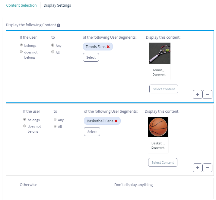 Figure 1: You can configure the User Segment Content Display application to display content according to rules that you define in the applications configuration window.