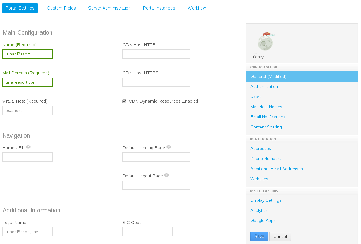 Figure 2.2: You can change the portal settings by navigating to the Control Panel and selecting Portal Settings.
