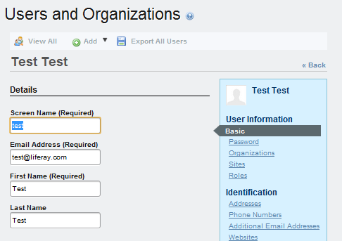 Figure 8.12: You should only see user fields for screen name, email address, first name, and last name