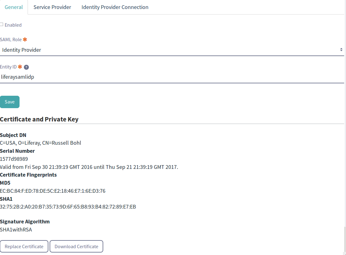Figure 2: The General tab of the SAML Admin portlet displays information about the current certificate and private key and allows administrators to download the certificate or replace the certificate.