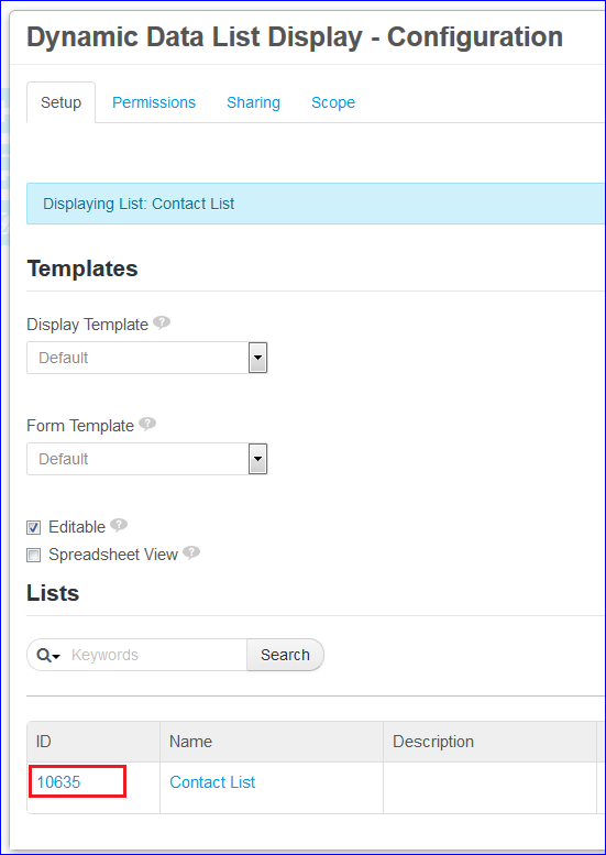 Figure 3: On adding or configuring lists in Liferays the Dynamic Data List app, each lists ID is displayed. You can specify this ID as the value for the DDL record set ID in querying the list from the Skinny web service.