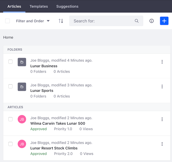 Figure 1: You can manage Knowledge Base articles, folders, and suggestions.