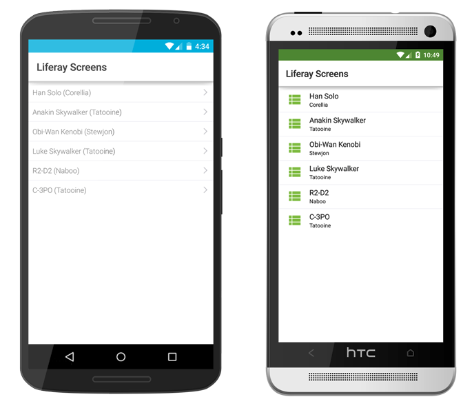 The DDL List Screenlet using the Default and Material Views.