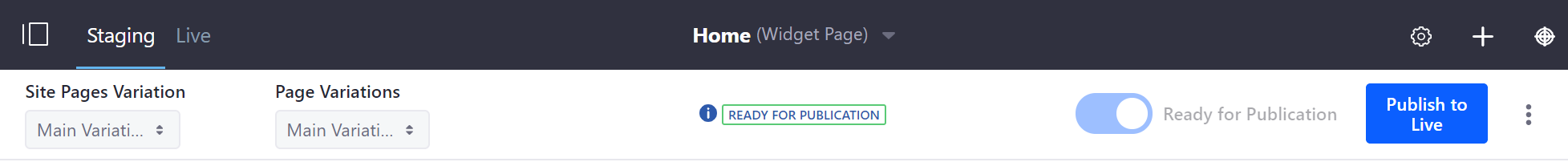 Figure 1: The staging toolbar indicates whether youre able to publish to the live site.