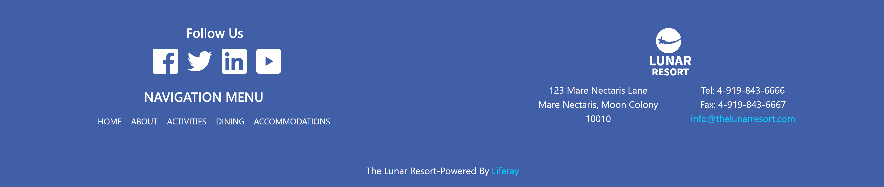 Figure 1: The updated Footer provides everything visitors need to follow and contact the Lunar Resort.