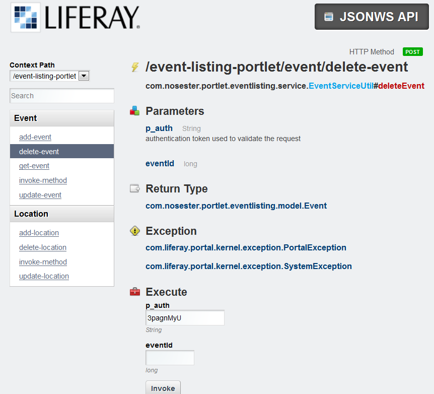 Figure 4.10: Youll see a page displaying the name of the service method, its required parameters, its return type, possible exceptions it can throw, and a form for entering its parameters.