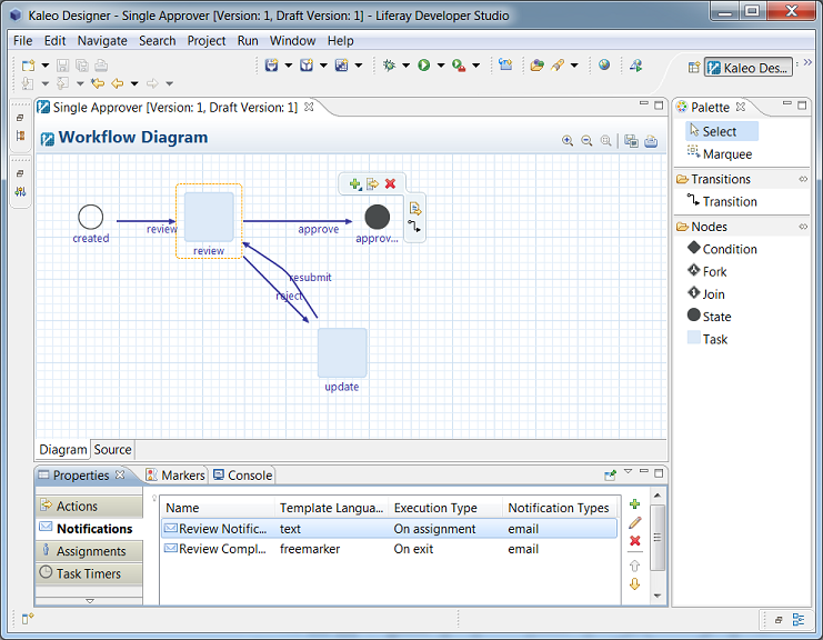 Figure 10.17: Kaleo Designer for Java gives you a powerful environment for designing, modifying, and publishing Kaleo workflows.