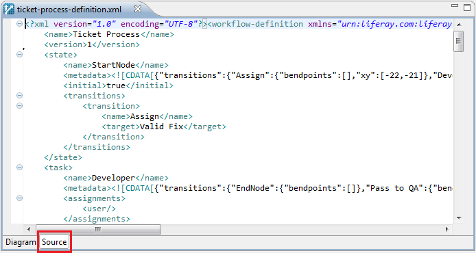 Figure 10.33: Feel free to switch between Diagram and Source modes of your workflow editor in Kaleo Designer for Java.