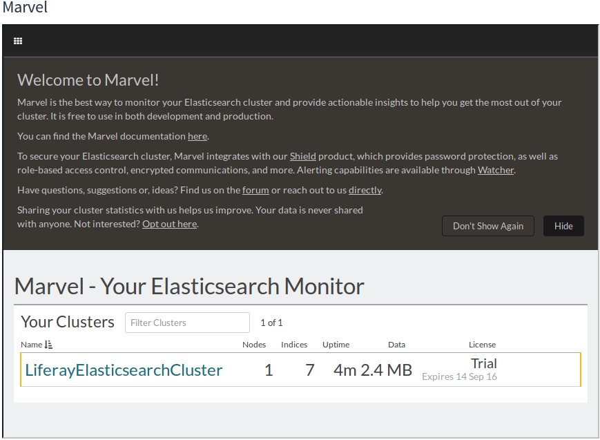 Figure 2: You can monitor your Elasticsearch cluster from Liferay DXP using the Marvel Portlet.