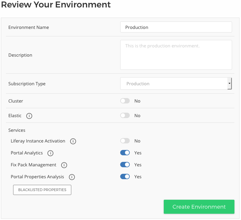 Figure 8: This form contains each of your selections from the previous steps. Make any changes you want, then click Create Environment.
