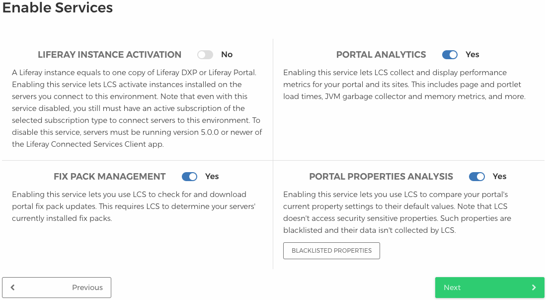 Figure 7: Enable or disable the LCS services you want to use for servers that connect to the environment, then click Next.