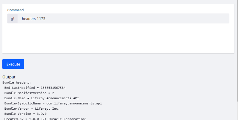 Figure 4: Results from running the headers command show the modules bundle vendor and bundle version.