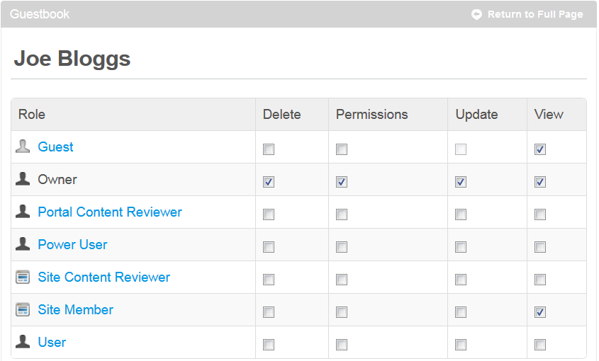 Figure 1: The permissions URL generates the Permissions menu for the guestbook.