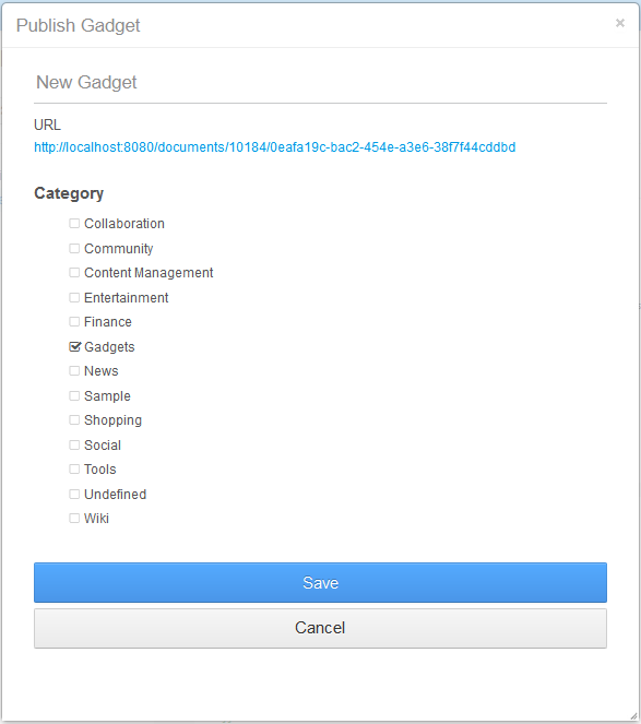 Figure 4: A Publish Gadget window displays your gadgets URL and a host of categories for you to consider for your gadget.