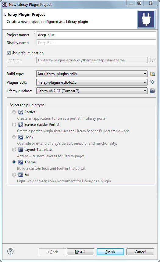 Figure 1: Make sure to select the Theme plugin type for your Liferay Plugin Project.