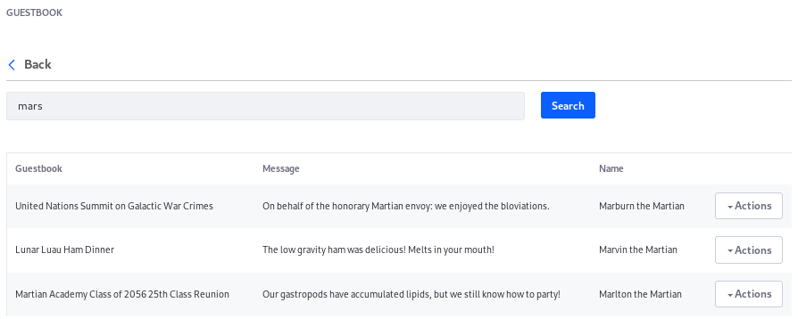 Figure 2: The Guestbook Application now supports searching for indexed Guestbook Entries.
