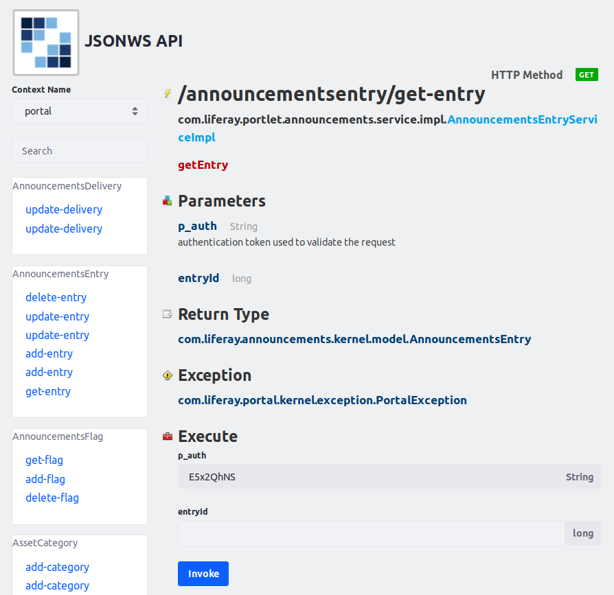 Figure 1: The JSON web services page for an entitys remote service method also lets you invoke that service.
