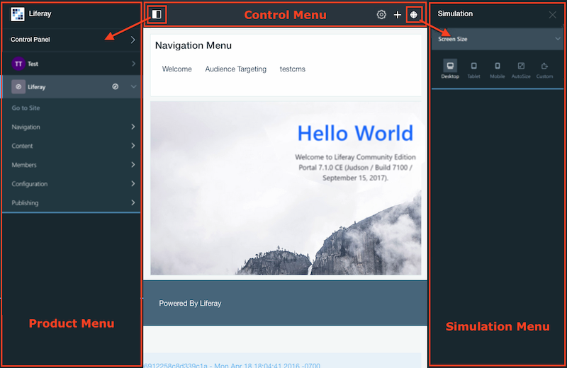 Figure 1: The Control Menu, Product Menu, and Simulation Panel are packaged as Theme Contributor modules.