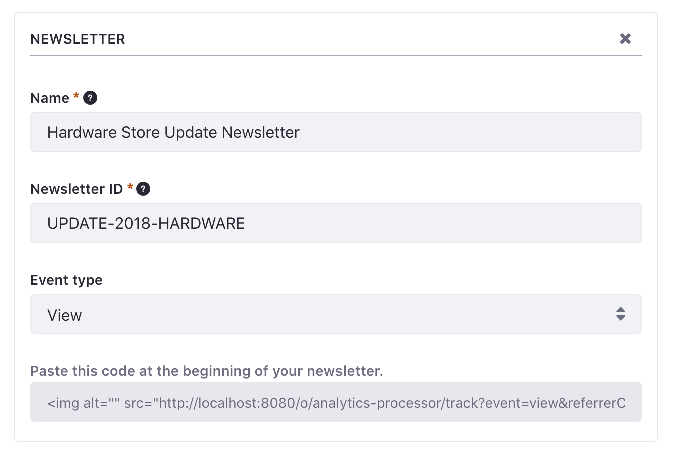 Figure 1: Once youve saved the metric, you can copy the generated transparent image URL into your newsletters HTML to track who views it.