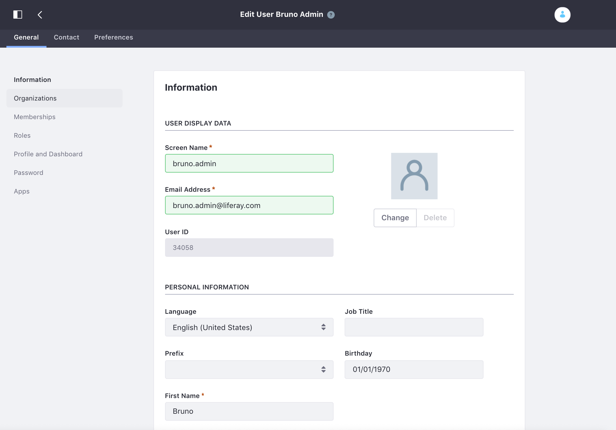 Figure 1: The User Management application has three Screen Navigation Categories: General, Contact, and Preference; and each of those have a number of Screen Navigation Entries