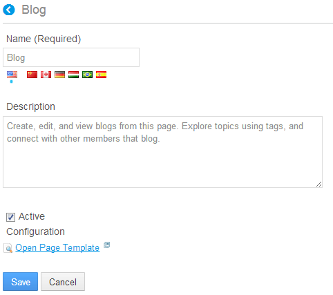 Figure 3.14: The Blog page template is already available for use along with the Content Display Page and Wiki page templates.