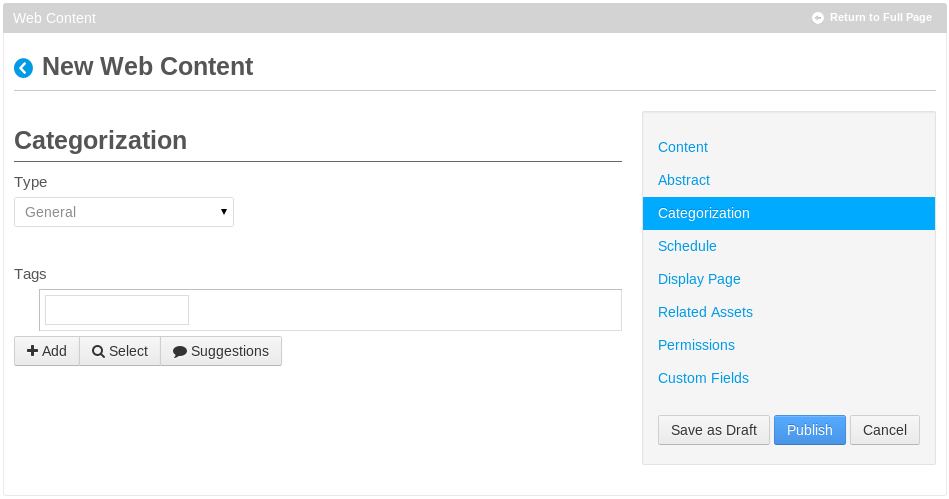 Figure 6.1: Here, the Web Content Display portlets form for categorizing a new web content instance doesnt include a Categories heading since no categories have been created.
