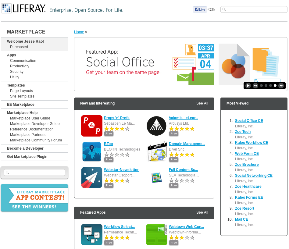 Figure 15.1: You can access and browse the Marketplace home page without a liferay.com account but you need an account in order to purchase and download apps.