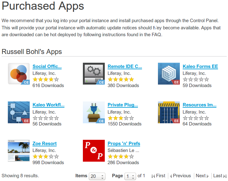 Figure 15.5: On your liferay.com home page, the Apps link in the left navigation menu lets you view and download your purchased apps.