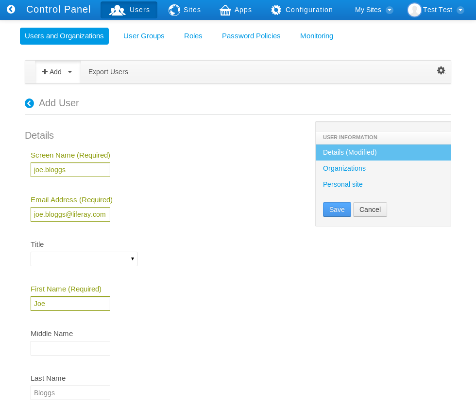 Figure 16.2: You need to at least enter a screen name, email address, and first name in order to create a new user account.