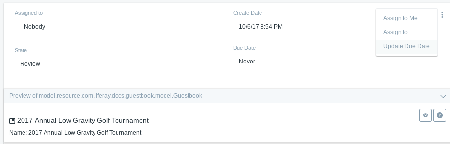 Figure 2: Click the workflow notification in the Notifications portlet to review the guestbook submitted to the workflow.