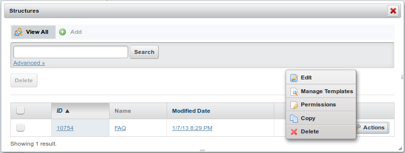 Figure 3.1: You can access the Manage Structures interface by clicking
Manage → Structures from the Web Content page of the Control Panel.